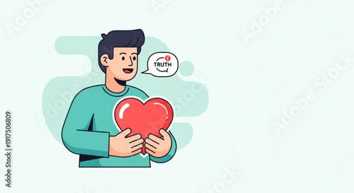 Man holding a heart with a speech bubble expressing love and kindness with a cheerful expression on a soft green background