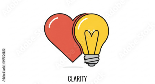 Red heart and yellow light bulb illustration symbolizing clarity creativity and innovative ideas with simple design and white background