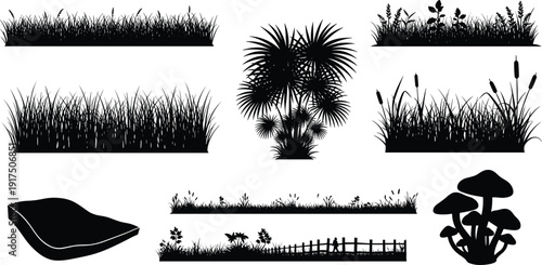 Garden landscape silhouette set, meadow grass palm tree mushroom wetland elements, cad drawing flat vector illustration, nature botanical greenery park,
