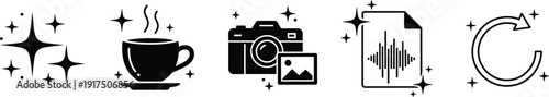 Digital utility icons set, sparkling magic stars coffee cup camera photo sound file refresh arrow, cad drawing flat vector illustration,