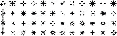 Star and sparkle vector illustration set, diverse black decorative icons including twinkling stars, clustered sparkles, festive motifs for design, decoration, celebration artwork