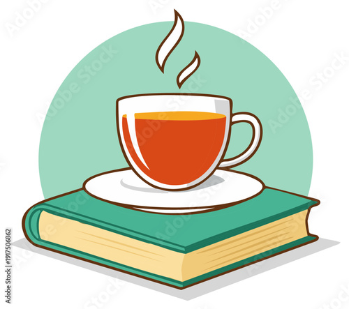 A Steaming Cup of Hot Tea Resting on a Closed Hardcover Book Cartoon Illustration
