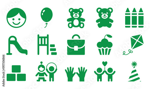 Green Childhood Icons on White Background