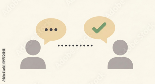 Two people communicating with speech bubbles one with ellipsis and the other with green checkmark indicating agreement or confirmation in a simple flat design