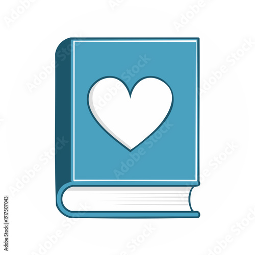 Illustration of a light blue book with a heart on the cover, love story novel graphic, icon style