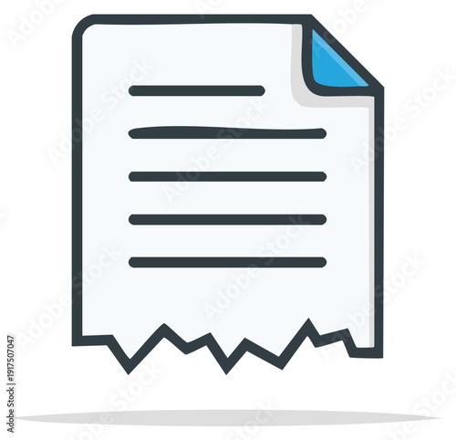 Torn Document Cartoon Sheet with Text Lines and Blue Page Curl in Vector Flat Design