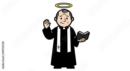Cartoon priest holding a book and blessing with a halo above his head in a simple illustration