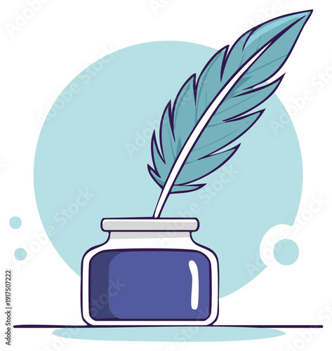Classic feather quill pen in a glass inkwell vector illustration for writing and literature