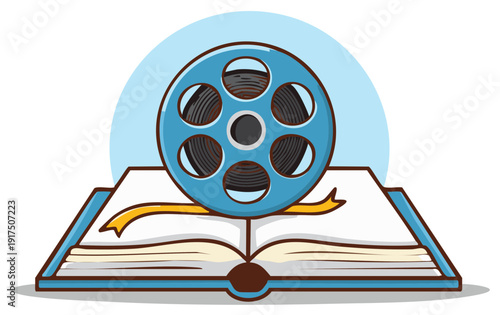 Movie Film Reel on an Open Book Vector Graphic Cinematic Literature Reading Entertainment Concept