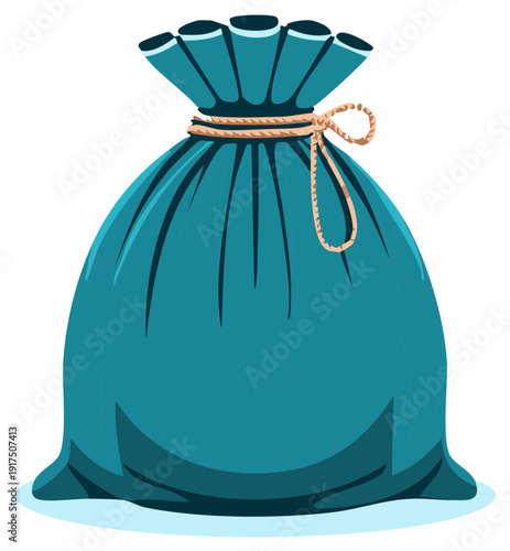 Blue Fabric Bag Tied with String Illustration of Sack or Pouch