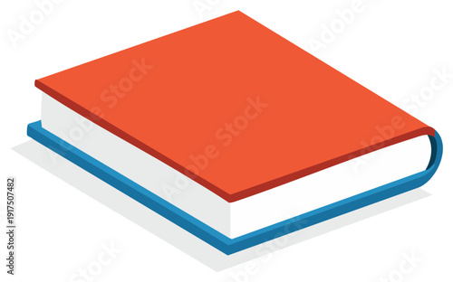 Isometric view of a closed hardback book with orange cover and blue binding