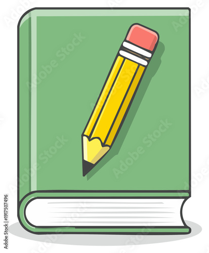 Green book with yellow pencil and pink eraser illustration