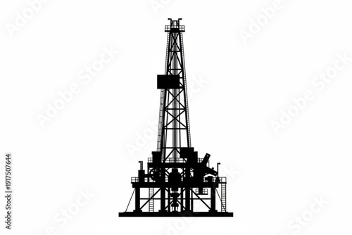Oil Rig Silhouette: A stark black silhouette of an industrial oil rig stands tall, its intricate structure and imposing presence a symbol of energy production and industry.