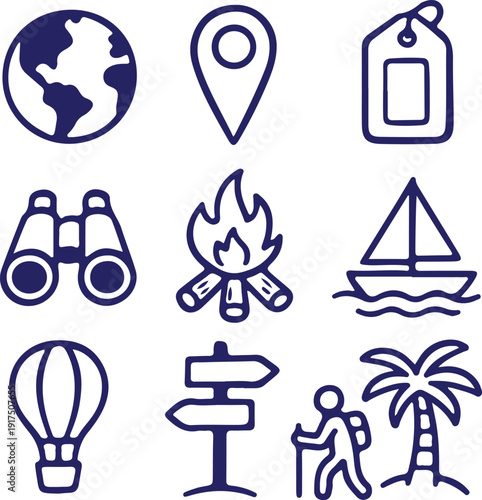 summer beach vacation bule outline icon set vector illustration design collection art 