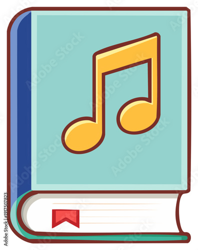Cartoon music book with golden eighth note symbol and red bookmark illustration