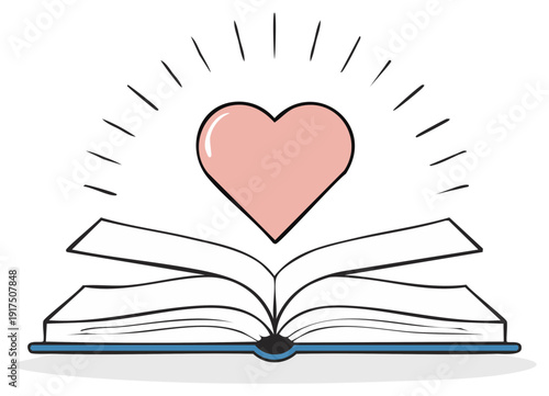 Open Book with Glowing Heart Symbol, Reading with Love, Educational Romance, Storytelling, Illustration, Valentines