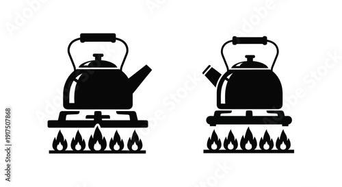 Two black teapots on burners a striking graphic silhouette