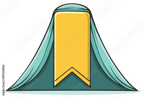 Cartoon Tent with Yellow Label - Camping Adventure, Outdoors Fun, Shelter, Vacation Trips, Cartoon Style