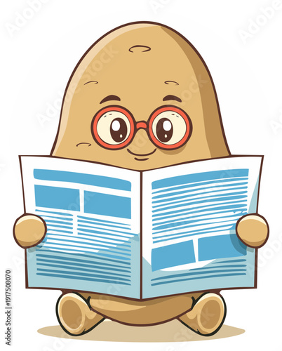 Cartoon Potato Character Reading Newspaper with Glasses Illustration