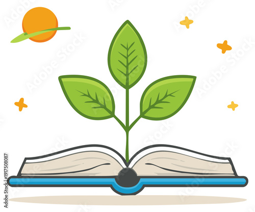Growing Plant from Book among Stars and Planet A symbol of learning, knowledge, education, ecology and future