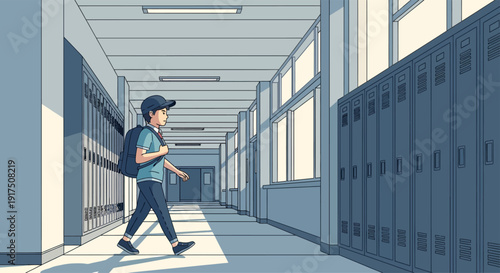 Young Student Walking Down School Corridor.