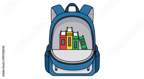 Blue Backpack with Colored Books Inside.