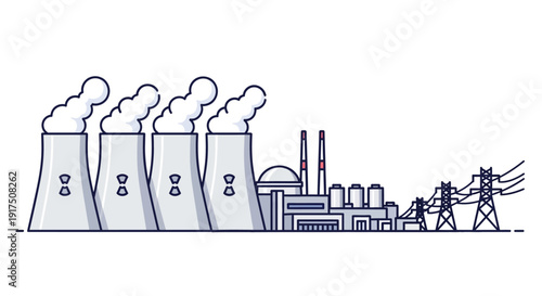 A detailed illustration of a nuclear power plant with cooling towers emitting steam and connected to electrical transmission lines.