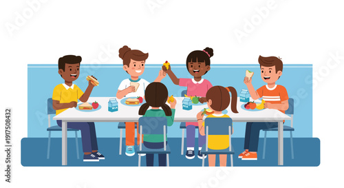 Children Eating Lunch at School Cafeteria Table.