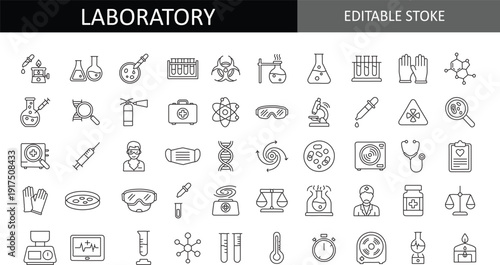 Laboratory icon set with scientific research equipment, medical diagnostic tools, chemistry glass chemistry, biology and healthcare line icons for pharmaceutical development, biotech analysis, and saf