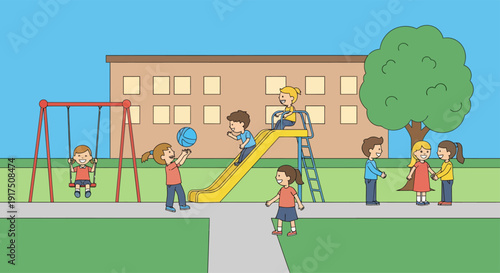 Children Playing on Playground Equipment Outside.