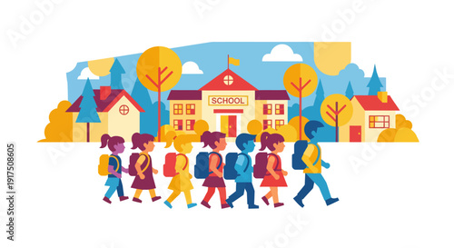 Children Walking to School with Backpacks.