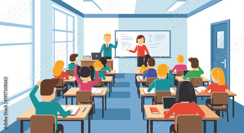 Classroom Scene with Teacher and Students.