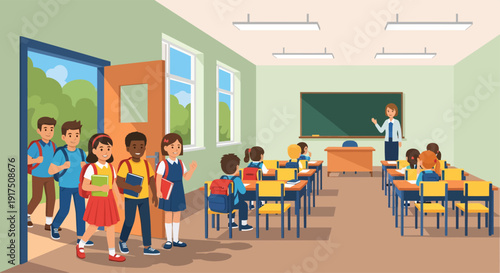 Classroom Scene with Students and Teacher Inside.