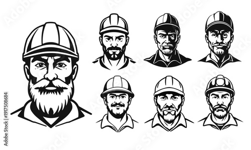 Wallpaper Mural Set of seven professional worker avatar icons. Construction man, bearded builder, engineer portrait, industrial helmet, safety mask. Vector illustration Torontodigital.ca