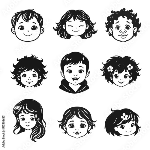 Wallpaper Mural Cute kids faces set, cartoon children, emotional baby expressions, black white characters	 Torontodigital.ca