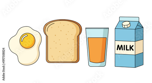 Simple illustration of common breakfast foods and drinks.