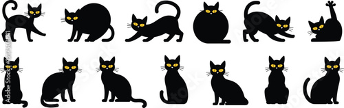 Black cat silhouette set collection, cute cartoon feline characters with yellow eyes in different poses isolated on white background