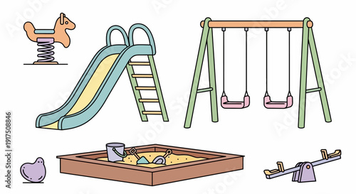 Colorful cartoon playground equipment on a white background.