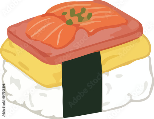 Flat vector illustration of salmon musubi with rice, tamago omelet, and fresh salmon topping wrapped in nori seaweed.