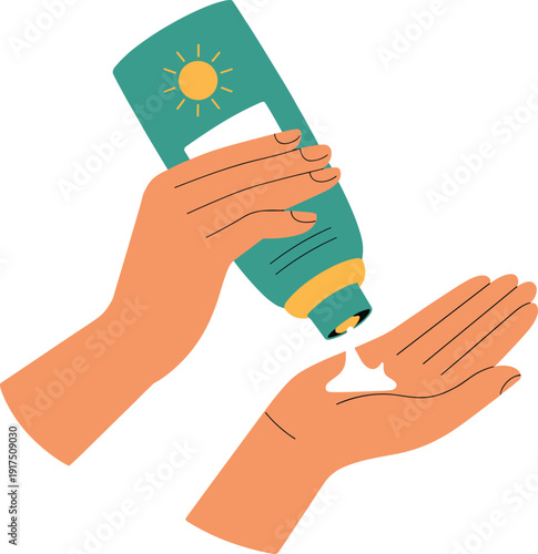 Sunscreen application, sun protection, skincare routine, lotion bottle, UV safety, hand illustration, summer care, health design, cosmetic vector, prevention clipart
