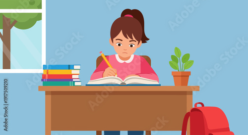 Girl Studying at Desk with Books.