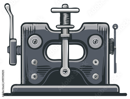 Detailed Illustration of an Antique Printing Press Machine with Intricate Metalwork and Industrial Design Elements