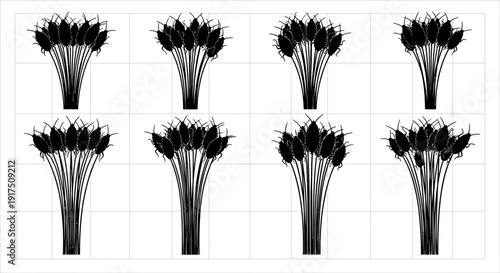 Eight identical black silhouettes of plants with spiky tops on white background for design