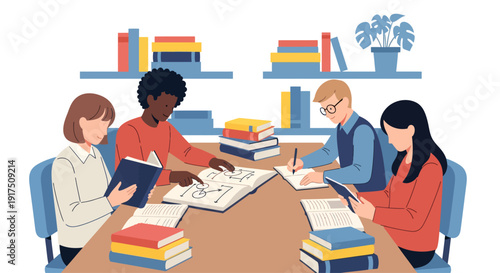 Four People Sitting Around a Table Studying.