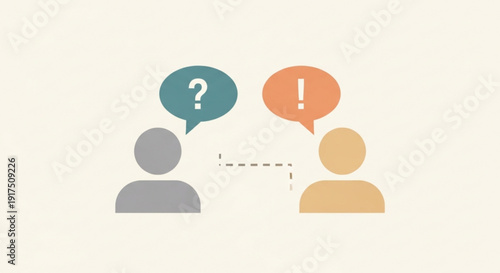 Two people communicating with question and exclamation marks in speech bubbles on a beige background