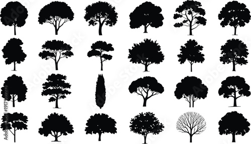 Tree silhouette icon set with diverse canopy shapes, botanical illustration, vector artwork, editable, isolated graphic design for landscape concepts