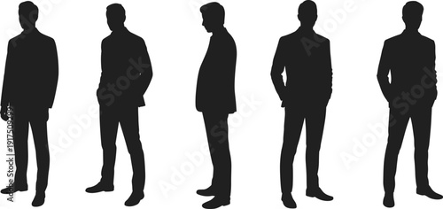 Black vector silhouette set of professional men in suits standing in various poses for business corporate branding, leadership, and formal office concepts.