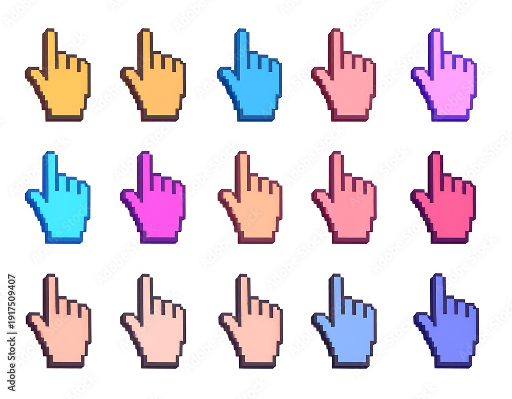 Obraz premium A collection of pixelated hands pointing up in various colors