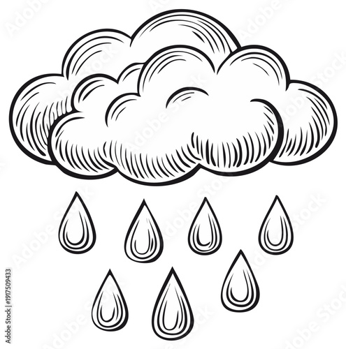Cloud and raindrops illustration in an engraved or woodcut style, weather concept.