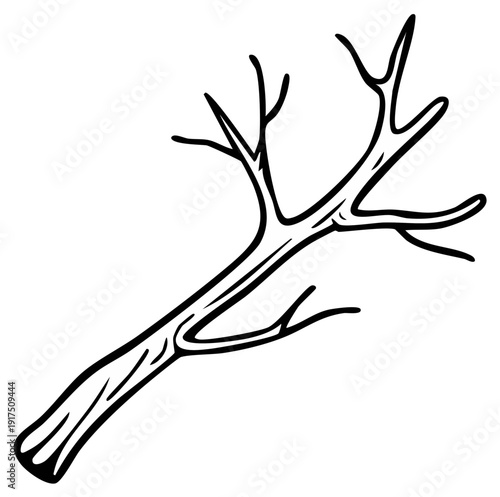 Stylized black and white illustration of a bare tree branch with multiple limbs against a white background